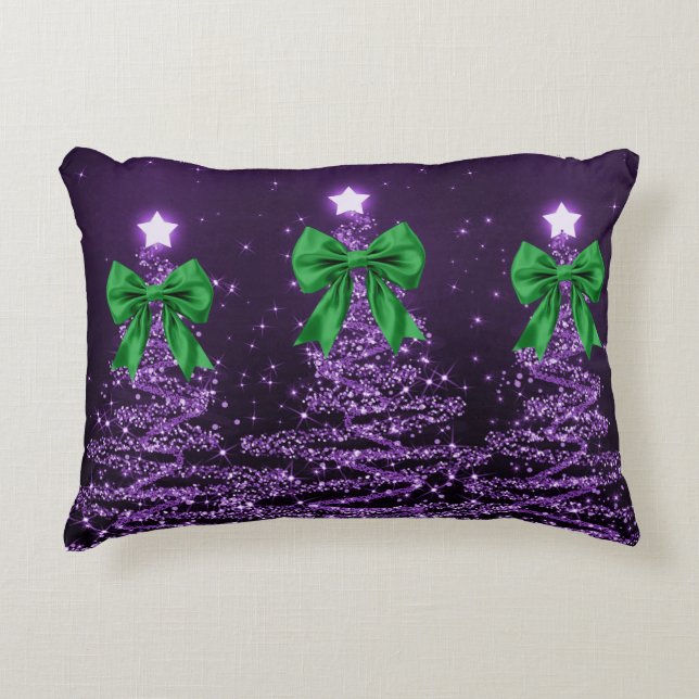 Christmas Sparkling Trees Purple Faux Green Bow  Decorative Cushion (Front)