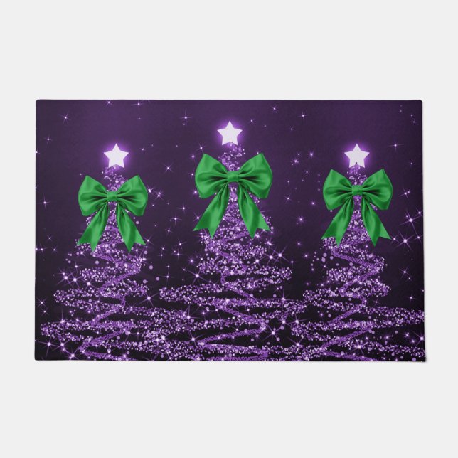 Christmas Sparkling Trees Purple Faux Green Bow  Doormat (Front)