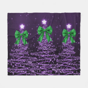 Christmas Sparkling Trees Purple Faux Green Bow  Fleece Blanket