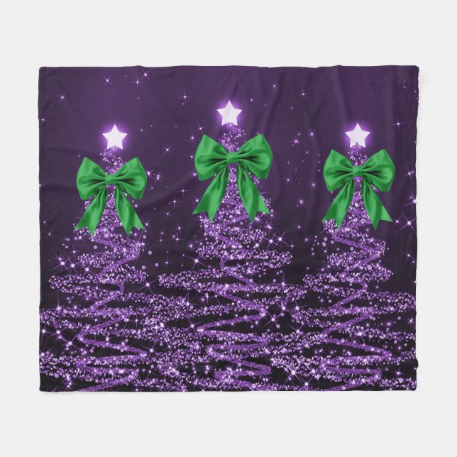 Christmas Sparkling Trees Purple Faux Green Bow  Fleece Blanket (Front (Horizontal))