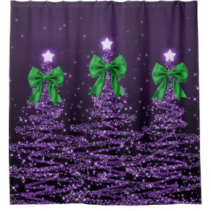 Christmas Sparkling Trees Purple Faux Green Bow Shower Curtain