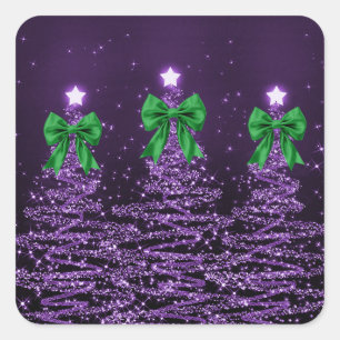 Christmas Sparkling Trees Purple Faux Green Bow Square Sticker