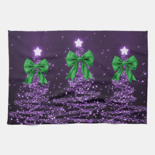 Christmas Sparkling Trees Purple Faux Green Bow  Tea Towel