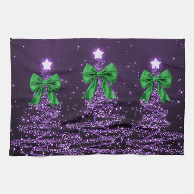 Christmas Sparkling Trees Purple Faux Green Bow  Tea Towel (Horizontal)