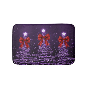 Christmas Sparkling Trees Purple Faux Red Bow Bath Mat