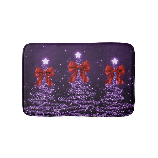 Christmas Sparkling Trees Purple Faux Red Bow  Bath Mat (Front)