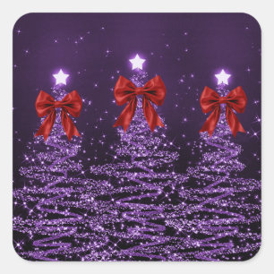 Christmas Sparkling Trees Purple Faux Red Bow Square Sticker