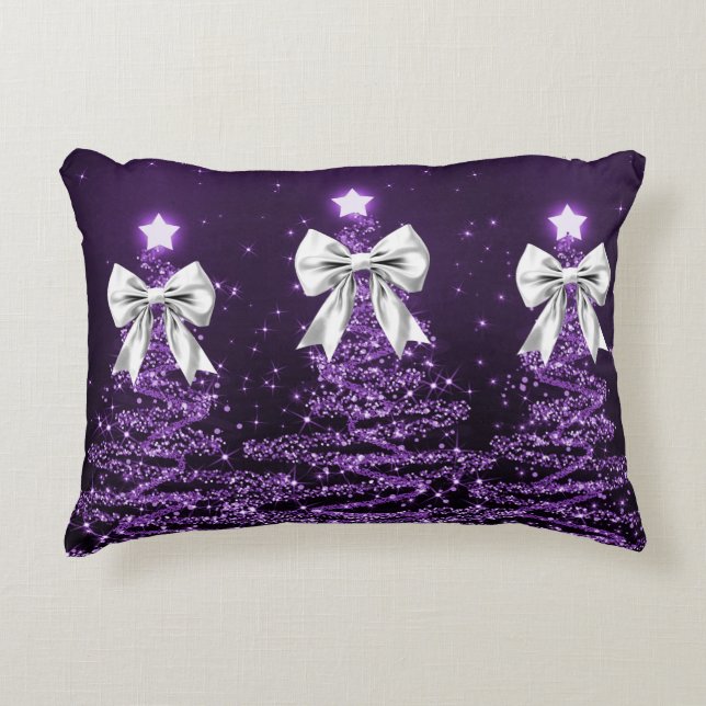 Christmas Sparkling Trees Purple Faux Silver Bow  Decorative Cushion (Front)