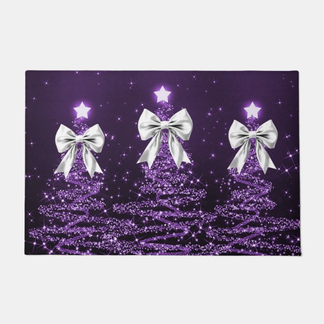 Christmas Sparkling Trees Purple Faux Silver Bow  Doormat (Front)