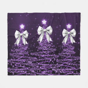Christmas Sparkling Trees Purple Faux Silver Bow Fleece Blanket