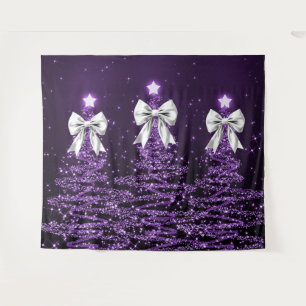 Christmas Sparkling Trees Purple Faux Silver Bow Tapestry