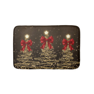 Christmas Sparkling Trees Red Gold Faux Bow Bath Mat