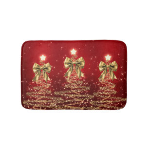 Christmas Sparkling Trees Red Gold Faux Bow Bath Mat