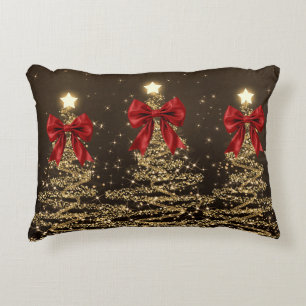 Christmas Sparkling Trees Red Gold Faux Bow Decorative Cushion