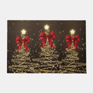 Christmas Sparkling Trees Red Gold Faux Bow Doormat