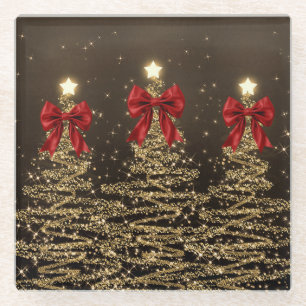 Christmas Sparkling Trees Red Gold Faux Bow Glass Coaster