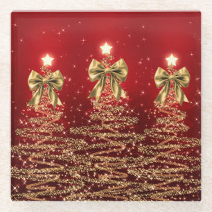 Christmas Sparkling Trees Red Gold Faux Bow Glass Coaster