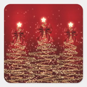 Christmas Sparkling Trees Red Gold Faux Bow Square Sticker