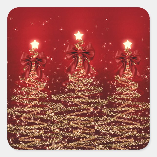 Christmas Sparkling Trees Red Gold Faux Bow  Square Sticker (Front)