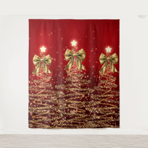 Christmas Sparkling Trees Red Gold Faux Bow Tapestry
