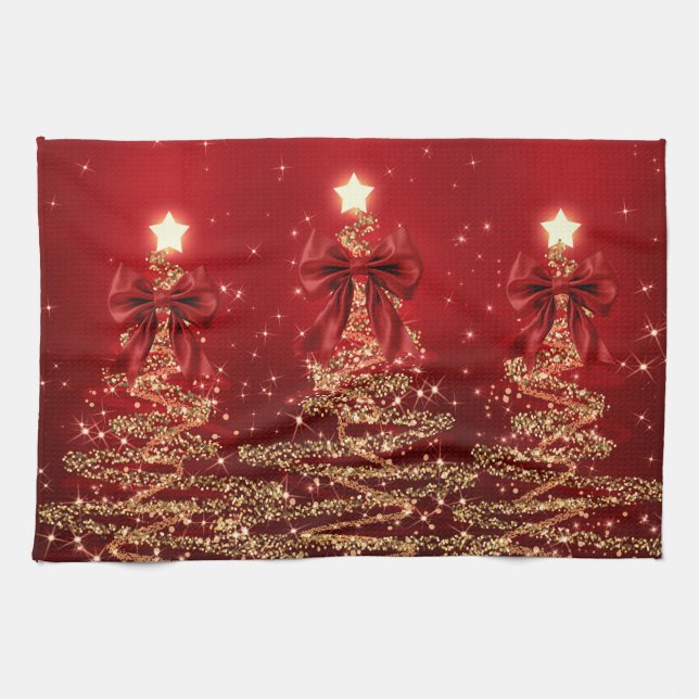 Christmas Sparkling Trees Red Gold Faux Bow  Tea Towel (Horizontal)