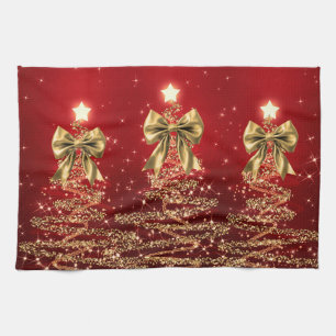 Christmas Sparkling Trees Red Gold Faux Bow  Tea Towel