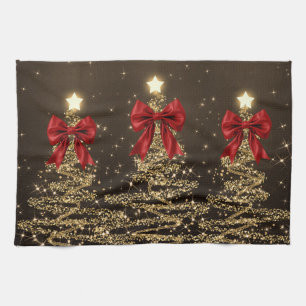 Christmas Sparkling Trees Red Gold Faux Bow Tea Towel