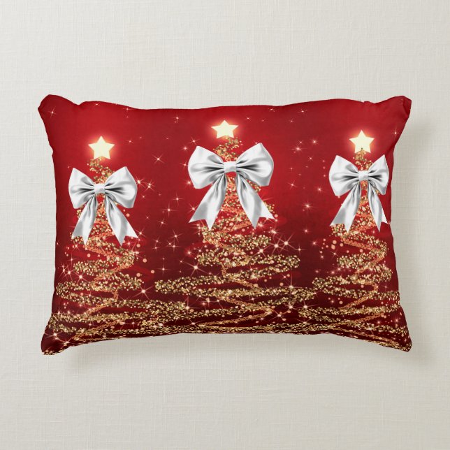 Christmas Sparkling Trees Red Gold Silver Bow  Decorative Cushion (Front)