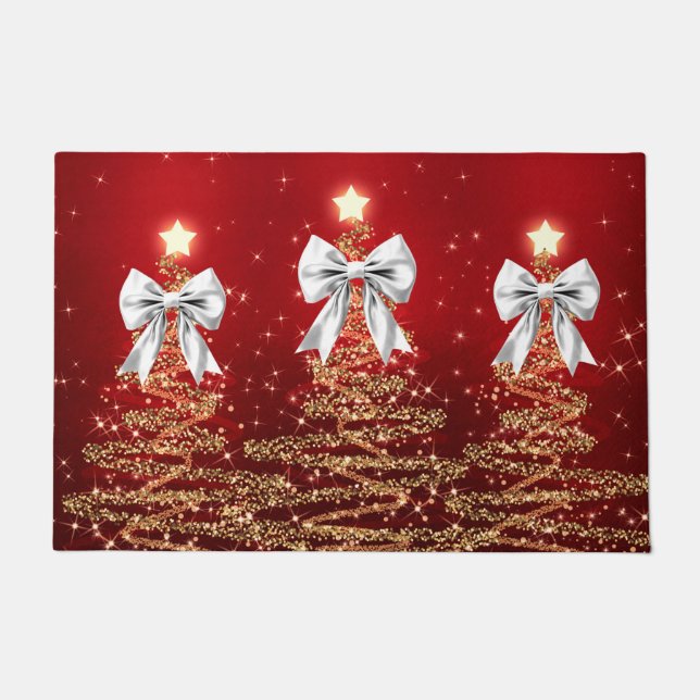 Christmas Sparkling Trees Red Gold Silver Bow  Doormat (Front)