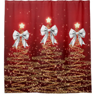 Christmas Sparkling Trees Red Gold Silver Bow Shower Curtain