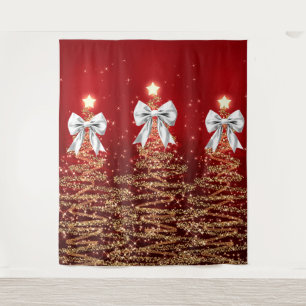 Christmas Sparkling Trees Red Gold Silver Bow Tapestry