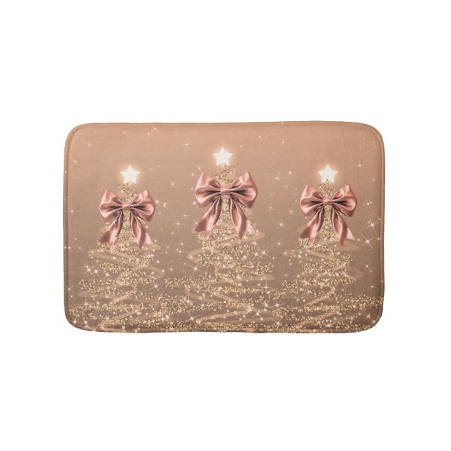 Christmas Sparkling Trees Rose Gold Faux Bow  Bath Mat (Front)
