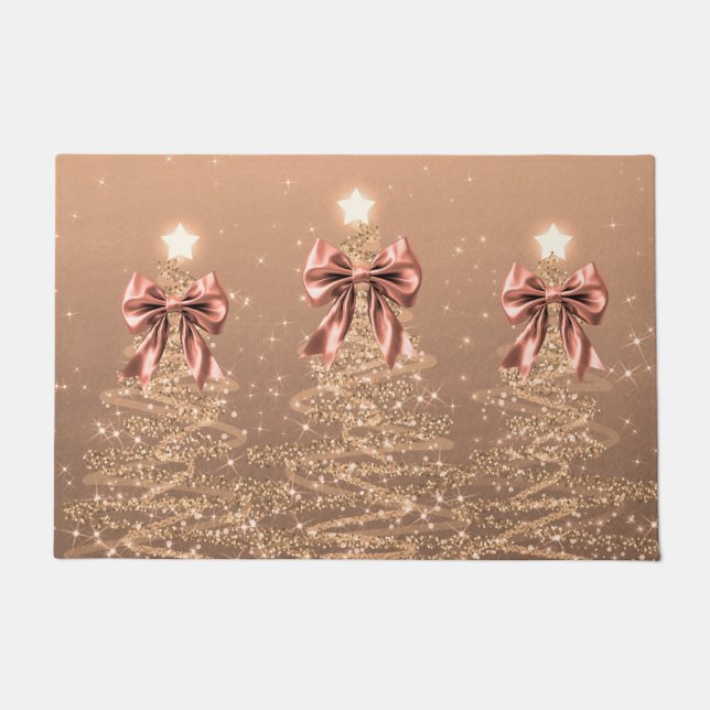Christmas Sparkling Trees Rose Gold Faux Bow  Doormat (Front)