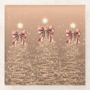 Christmas Sparkling Trees Rose Gold Faux Bow Glass Coaster