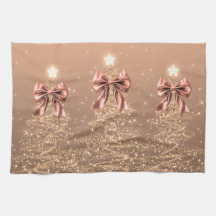 Christmas Sparkling Trees Rose Gold Faux Bow  Tea Towel
