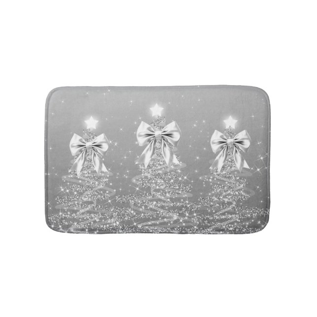 Christmas Sparkling Trees Silver Faux Bow  Bath Mat (Front)