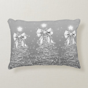 Christmas Sparkling Trees Silver Faux Bow  Decorative Cushion