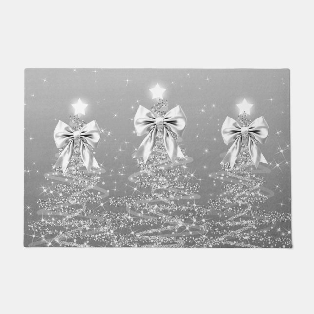 Christmas Sparkling Trees Silver Faux Bow  Doormat (Front)