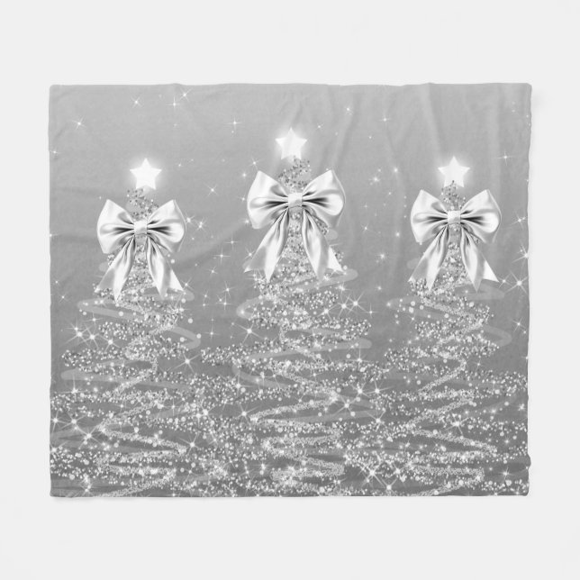Christmas Sparkling Trees Silver Faux Bow  Fleece Blanket (Front (Horizontal))