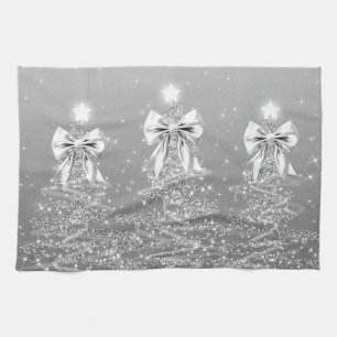 Christmas Sparkling Trees Silver Faux Bow Tea Towel