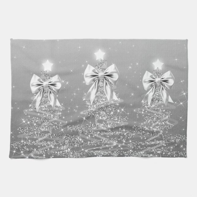 Christmas Sparkling Trees Silver Faux Bow  Tea Towel (Horizontal)