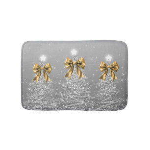 Christmas Sparkling Trees Silver Faux Gold Bow Bath Mat