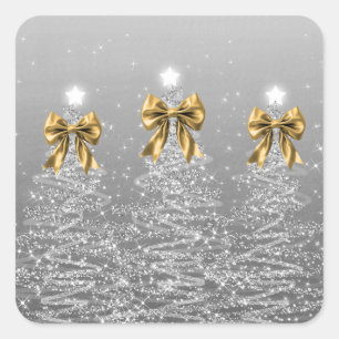 Christmas Sparkling Trees Silver Faux Gold Bow Square Sticker