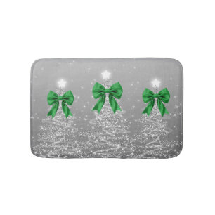 Christmas Sparkling Trees Silver Faux Green Bow Bath Mat