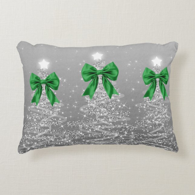 Christmas Sparkling Trees Silver Faux Green Bow  Decorative Cushion (Front)