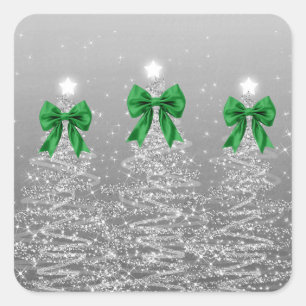 Christmas Sparkling Trees Silver Faux Green Bow Square Sticker