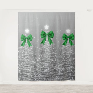 Christmas Sparkling Trees Silver Faux Green Bow Tapestry