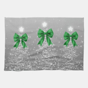 Christmas Sparkling Trees Silver Faux Green Bow Tea Towel
