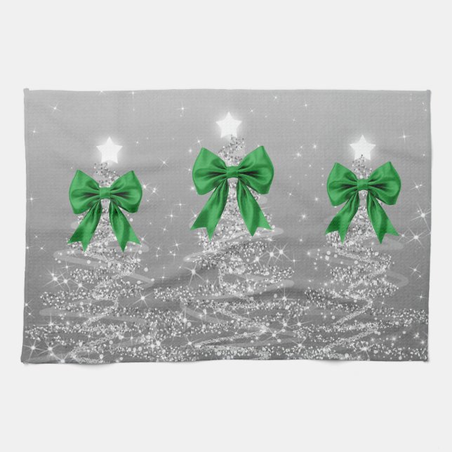 Christmas Sparkling Trees Silver Faux Green Bow  Tea Towel (Horizontal)