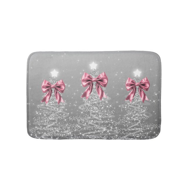 Christmas Sparkling Trees Silver Faux Pink Bow  Bath Mat (Front)